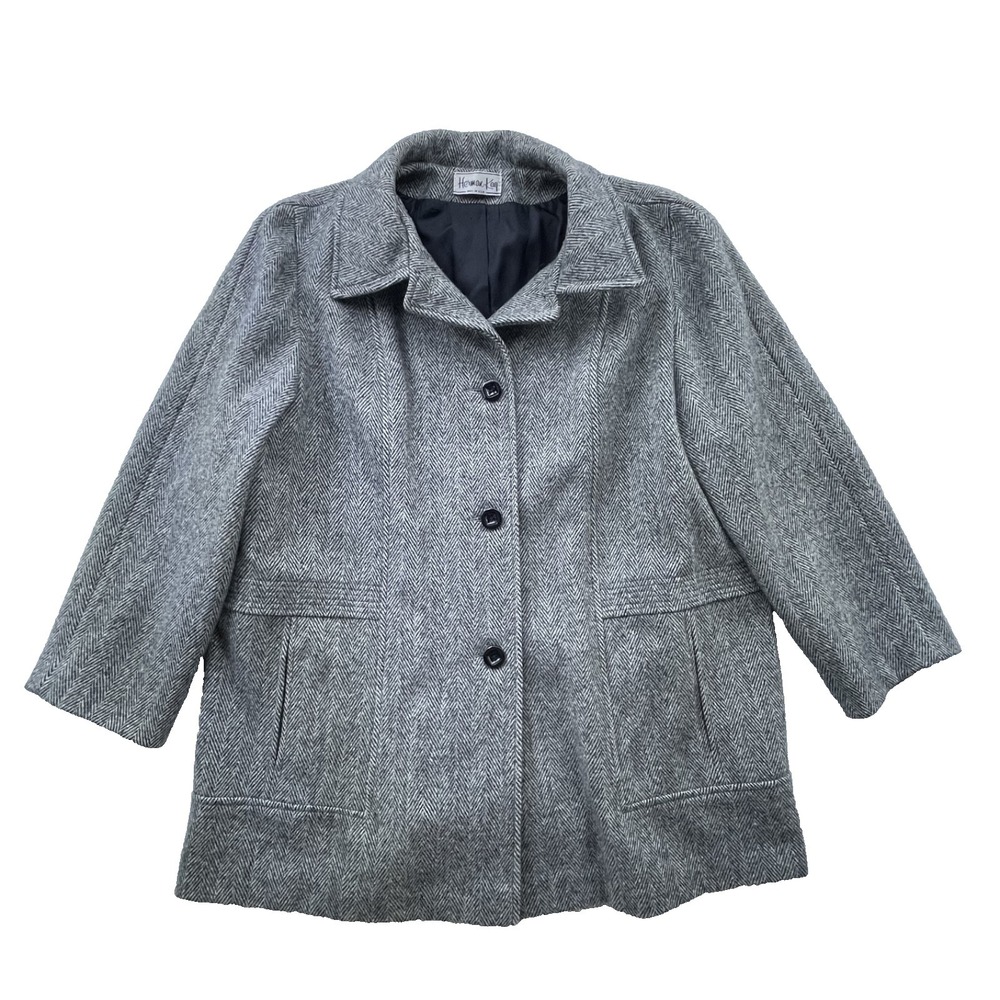 VTG Herman Kay Grey Wool Herringbone Buttoned Pea Coat USA Made Size Large XL